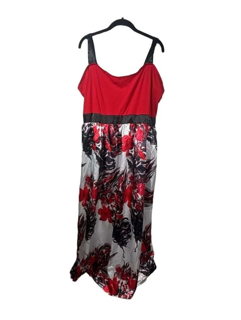 Red and Black Floral Satin Maxi Formal Dress